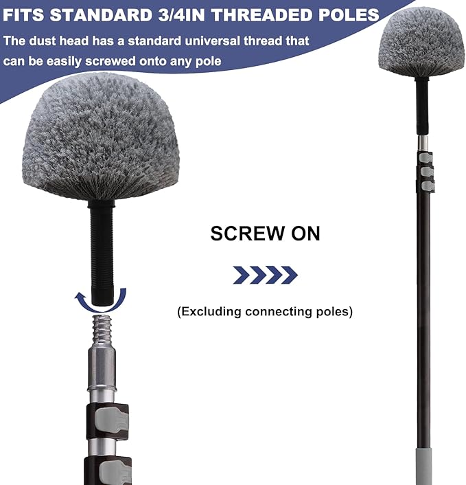 2 Pack Robust Cobweb Duster Head Brush – Superior Twist-On Web Cleaning Tool – Spider Web Remover Brush Compatible with Standard 3/4 Inch Threaded Poles for Outdoor & Indoor Use – Head Only (Grey)