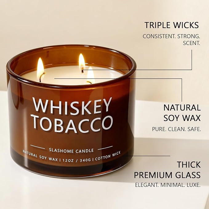 Whiskey & Tobacco Scented Candle, Luxury Large 3 Wick Soy Candle 12 Oz, 60+ Hour Long Lasting Clean Burn, Elegant Aromatherapy Home Decor, Housewarming & Birthday Gift for Men & Women