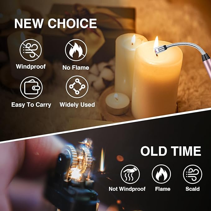 2 PCS Candle Lighter, Electric Lighter Arc Windproof Flameless with 360° Flexible Neck & LED Power Display, Lighters for Candle for BBQ, Grill, Camping, Fireplace, Stove(Pink)