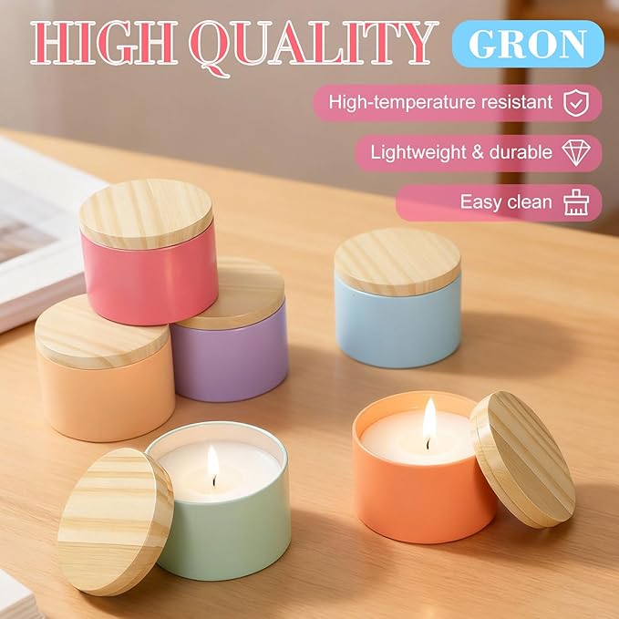 Honeydak 36 Pcs 8oz Candle Jars Bulk Multicolored Candle Tins Small Empty Containers with Metal Wood Grain Printing Lids for Making DIY Jars Storage Valentine's Day Wedding Gifts