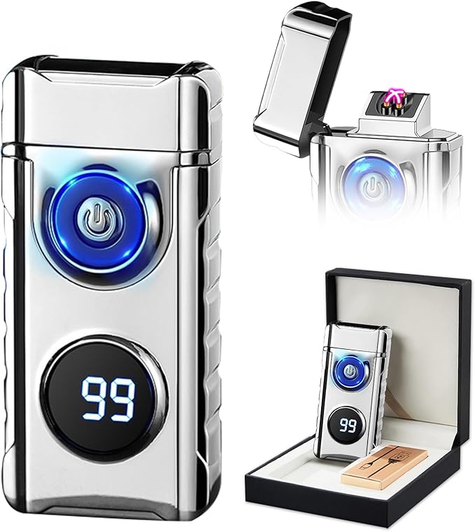 SKRFIRE Plasma Rechargeable Electric Lighter for Candle - Arc Type C Electronic Torch, Windproof Portable Metal With LED Power Display for Camping, Hiking, BBQ (Silvery)