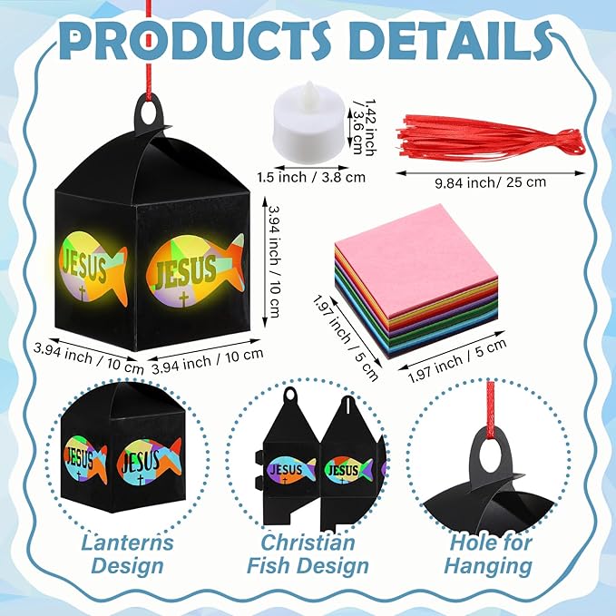 Simgoing 12 Sets Religious Fish Crafts with LED Candle Light Sunday School Crafts DIY Faith Jesus Fish Tissue Paper Kits Religious Hanging Ornament for Church VBS Classroom Activities