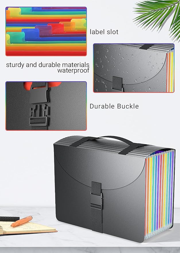 TOPCJ Expanding File Folders with Handle,Accordion File Organizer 13 Expandable Pockets,Portable Filing Box,Adjustable Support Strap,Colored Tabs,Paper Bills Documents Organizer,A4/Letter Size