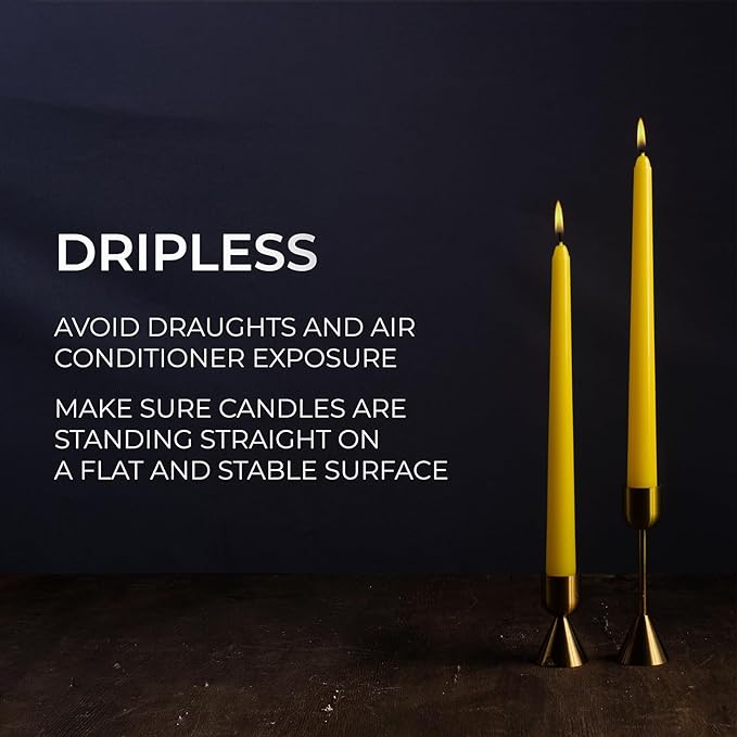 CANDWAX 10 inch Yellow Taper Candles Set of 12 - Unscented Smokeless Dripless Yellow Candles - Perfect for Home Décor, Special Occasions and Ordinary Dinners - Easter Candlesticks