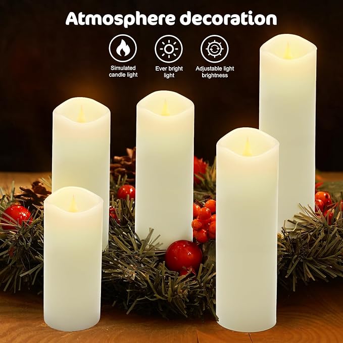 ALED LIGHT Real Wax Rechargeable Candles Flickering Realistic,Warm White Flameless Candles Rechargeable with Remote for Home Decor Idea Gift，Pack 5(D 2.2”X H 5”5.5”6”7”8”)