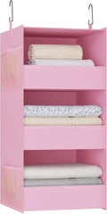 3-Shelf Hanging Closet Organizer and Storage, Foldable Hanging Closet Shelves Front Lip Design Washable Hanging Storage, Pink