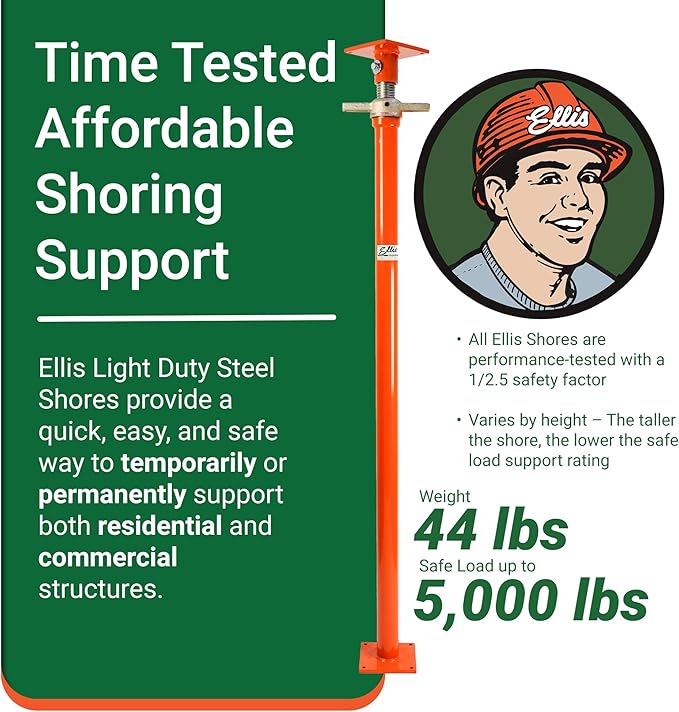 Ellis Manufacturing Light-Duty Steel Construction Jack - Adjustable Screw Jack Post for Floor Leveling, Beams, and Concrete - 5,000 lb Load Capacity - 85"-109" Adjustment, House Jacks for Leveling