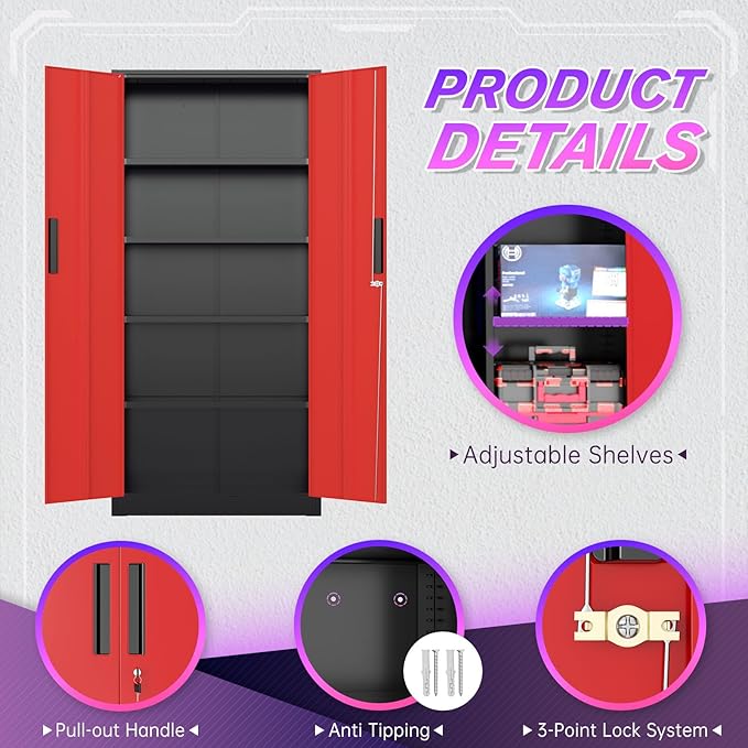 Superday Metal Storage Cabinets, 71" Storage Cabinet with Locking Door, Tall Garage Cabinet with 2 Doors and 4 Adjustable Shelves for Home Office, Classroom, Easy Assemble(Black Red)