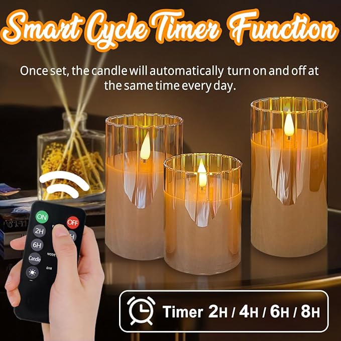 Rechargeable Flameless Candle, Flashing LED Pillar Real Wax Candle with Remote Control and Timer, Gold Stripes Glass Electronic Candles for Room Decoration, 1 Set of 3