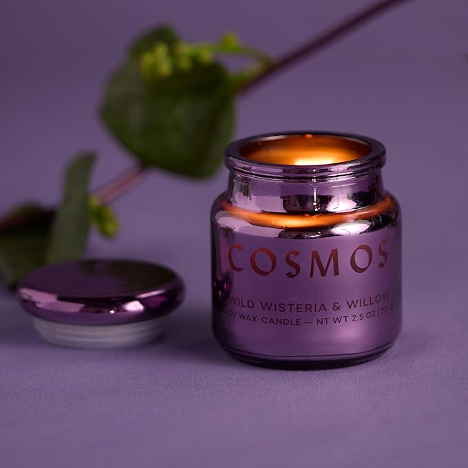 Paddywax Chroma Scented Candle with Lid in Reusable Metallic Etched Glass Jar, Clean- Burn Soy Candle with Approx. 14 Hour Burn Time, Violet – Cosmos, Wild Wisteria & Willow, 2.5 oz