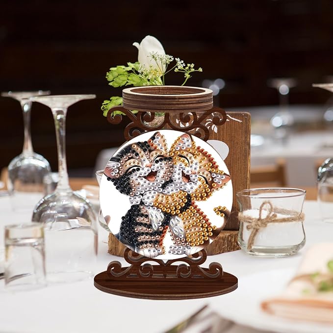 DIY Diamond Candlestick Holders Diamond Art Painting Wooden Home Decoration Candlestick Christmas Halloween Ornaments Double-Sided Diamond Cat Hug Candle Holder Kits Tabletop Decoration