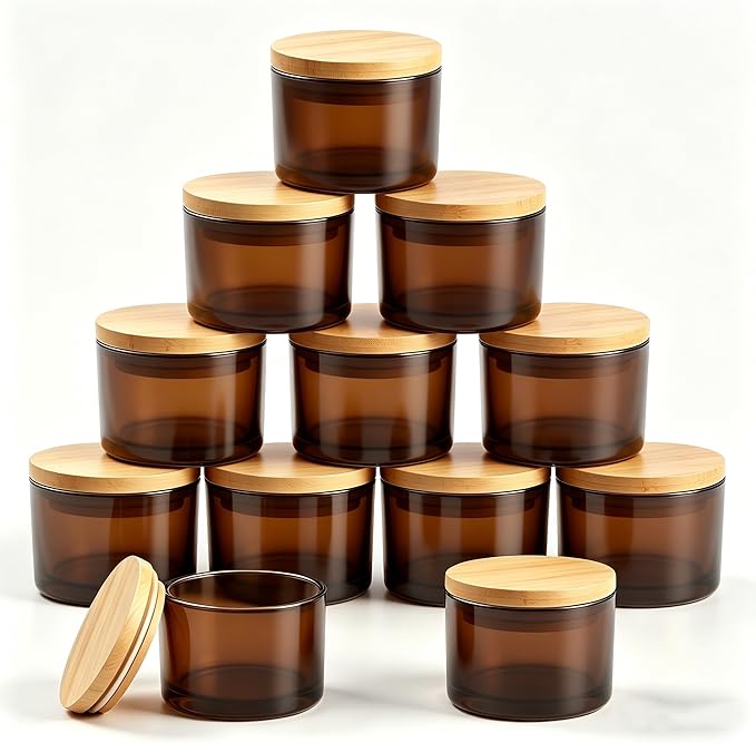 GLATABAM 4 OZ Candle Jars 12 Pack - Bulk Glass Candle Making Jars with Bamboo Lids & Labels, Heat Resistant Empty Reusable Candle Vessel for Containers(Amber)