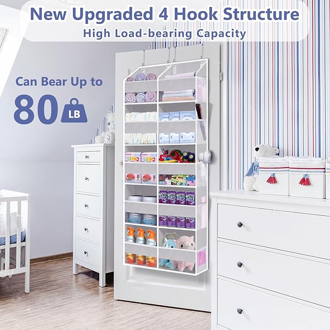 Heavy Duty Over The Door Organizer 5 Tiers, Extra Large Behind Door Storage of 10 Front & 10 Mesh Pockets, 80lb Weight Capacity, Hanging Doors Storage for Closet Bedroom Nursery, Light Gray