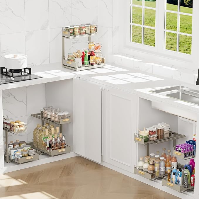 Under Sink Organizer, 2 Tier Pull Out Bathroom Cabinet Organizers and Storage L-Shaped,Multi-Purpose Metal Sliding Drawer Storage Shelf for Kitchen Bathroom, 1 Pack Grey