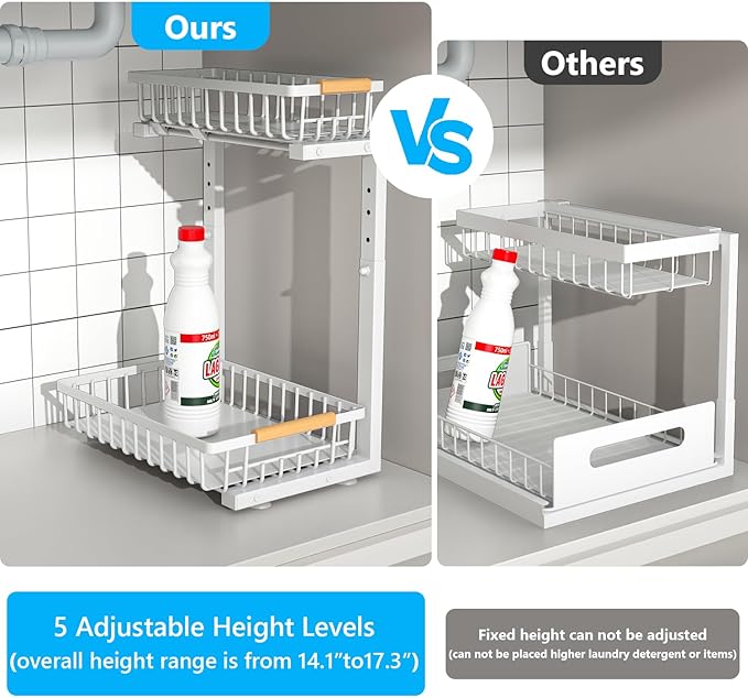 Under Sink Organizers,5 Adjustable Height，Metal Pull Out Under Sink Organizers and Storage Shelves with Sliding Drawer, White 1pack（Hight 13.6″-16.9″）