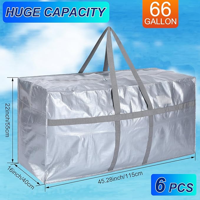 6 Pcs 66 Gallon Extra Large Moving Bags Heavy Duty Storage Bag with Strong Zipper Handle Foldable XXL Jumbo Storage Tote Packing Moving Box for College Dorm Travel Cloth Duffle (Silver)