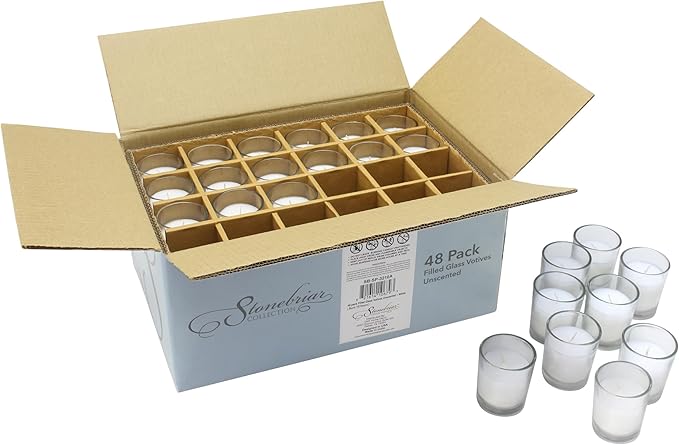 Stonebriar 12 Hour Long Burning Unscented Wax Filled Votive Holders, 12 Pack, White