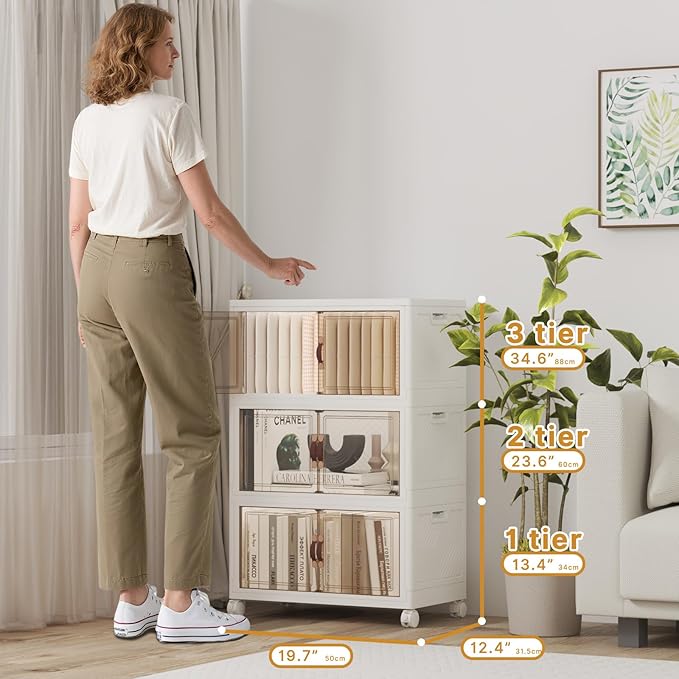 Stackable Storage Bins with Lids 144QT-48QT*3Pack Folding Storage box with Doors and Wheels, Collapsible Plastic Bins Stackable Organizer and Containers for Home, Garage, Office