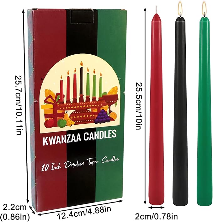 Kwanzaa Taper Candles, 3 Red,3 Green and 1 Black, 10 Inch Smokeless and Dripless Tall Candlestick, 8-8.5 Hour Long Burning time,African Holiday Mishumbaa Saba