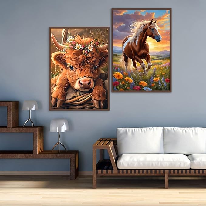 Meothan Diamond Art Kits for Adults, 2 Pack Diamond Painting Kits for Adults, 5D Full Round Drill Paint with Diamond Dots Art Crafts Kits for Home Wall Decor 12x16 Inch Highland Cow and Horse