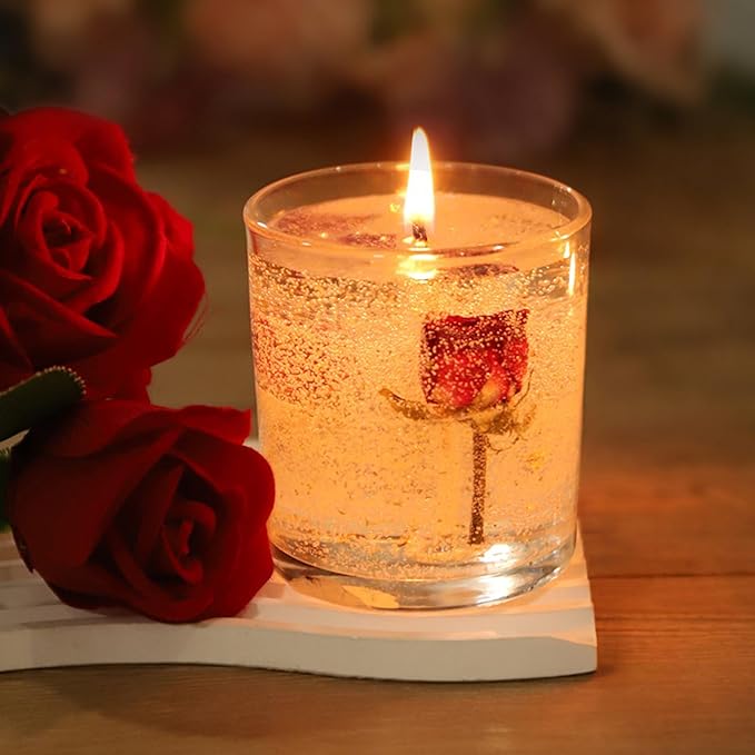 Gel Wax Candle,Sparkling Real Rose & Gold Flakes Candle in Glass Jar,Floral Scented,Smokeless Clean Burn,Glam Home Decor or Wedding,Bridesmaid Gift,Photo Prop,Self Love Healing (Floral)