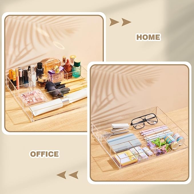Large Acrylic Desk Deep Drawer Organizer with Adjustable Dividers, Anti-skip Clear Desk Top Junk Drawer Storage Tray for Pens, Desktop, Office, Bathroom, Kitchen, Makeup Supplies(6 Compartments)