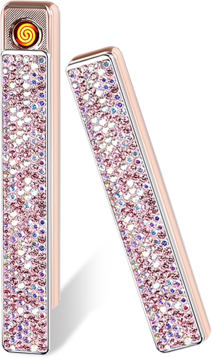 Electric Lighter, Windproof Flameless Bling Lighters - Type-C Rechargeable, Pull-Out Ignition with Thickened Tungsten, Rhinestone Decorative Design, Gift for Women & Girls (Pink)