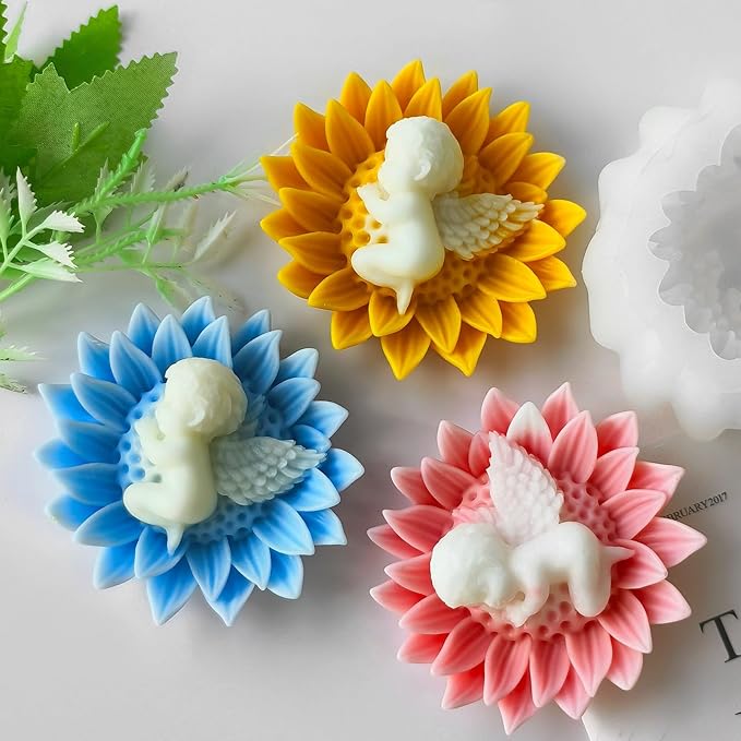 Flower Candle Molds for Candle Making, 3D Angel Baby in Sunflower Silicone Molds for Soap Making, Resin Casting, Aroma Candle, Wax, Plaster Polymer Clay Home Decor DIY Mother's Gift Baby Shower