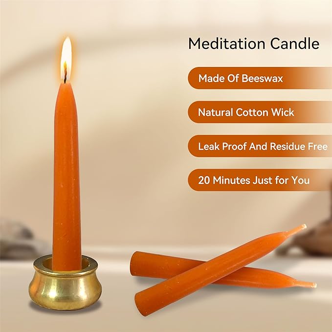 Mini Taper Candle Meditation Candles,Pumpkin 20 Minute Prayer Candlestick Dripless Beeswax Candles with Brass Candle Holder for Yoga & Spiritual Rituals,30-ORABRO