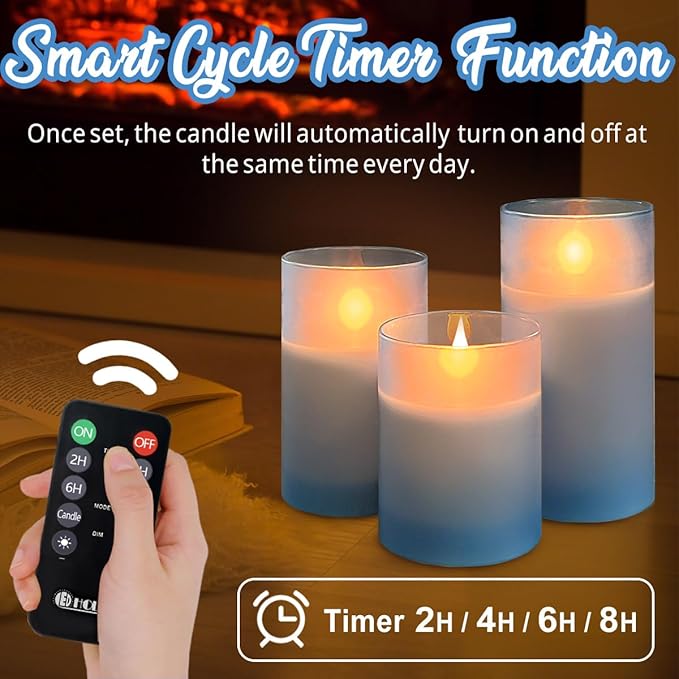 Rechargeable Flameless Candle, Flickering LED Pillar Glass Fake Candle with Remote and Timer, Built-in Battery Real Wax Electronic Candle for Room Decoration, Set of 3