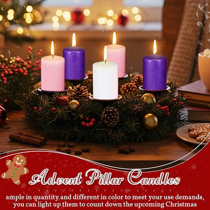 Amylove 10 Pcs 3 x 4 Inch Advent Pillar Candles Set Pink Purple Christmas Unscented Lasting Burning Church Candles for Advent Wreath Holiday Gifting