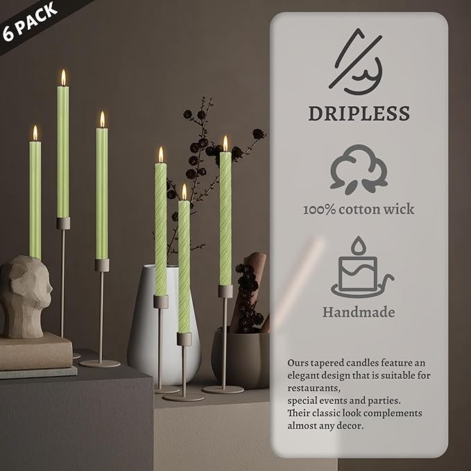 Dripless Unscented Grass Green Spiral Taper Candles Smokeless Long Lasting Burn 10 Inch Roman Column Candlesticks for Home Décor,Set of 6