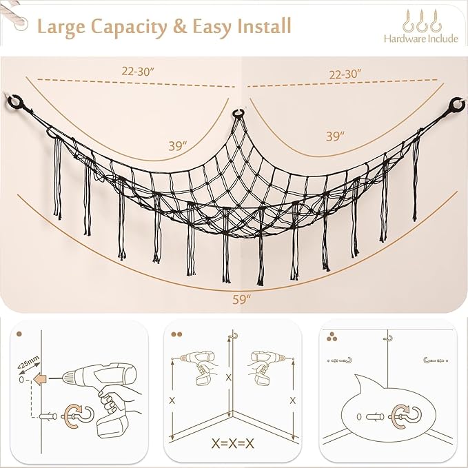 YKBU Stuffed Animals Hammock Corner Hanging Net Macrame Stuffed Animal Storage Plush Toy Holder Toy Organizer for Boho Nursery Playroom Bedroom Kids Room (black, Large)