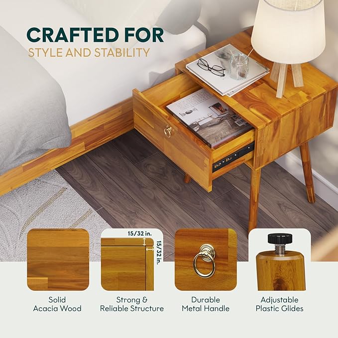 Bme Alden Solid Wood Nightstand/Side Table/End Table, Fully Assembled, with 1-Drawer for Mid Century Bedroom and Living Room, (12mm), Caramel