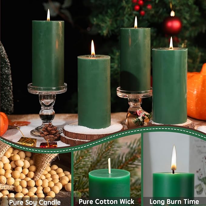 2.8x6 Inch Soy Pillar Candles 270 Hours Long Burning Natural Soy Wax Candles Smokeless Green Pillar Candles Dripless Handmade Pillar Candle for Home Wedding Table, 3 Pack