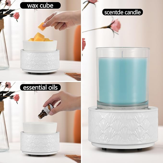 mocosa Ceramic Wax Warmer Wax Melt Warmer for Scented Wax 3-1 Electric Candle Warmer Home Fragrance Wax Burner for Mom Women(White-Fan Shaped)