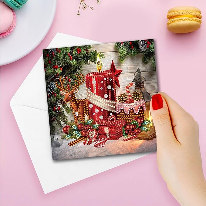DIY Diamond Art Christmas Greeting Card, Diamond Art Christmas Greeting Card, Christmas Cards, Handmade Christmas Card Making Kits for Family & Friends-Christmas Candles