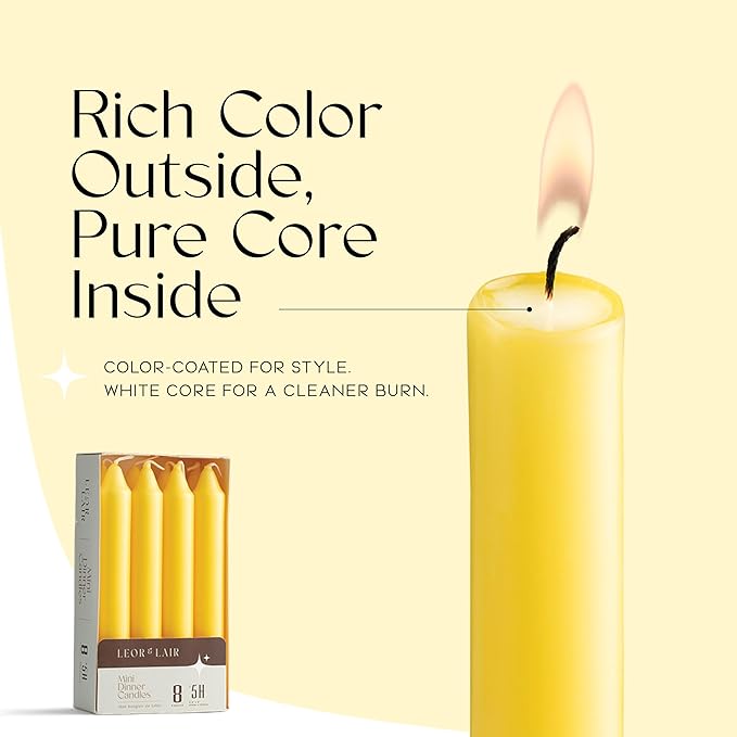 Leor & Lair Short Taper Candles – Pack of 8 Yellow Candlesticks – Unscented 5 Hour Burn Time Yellow Candles for Autumn, Spring Parties & Bright Décor