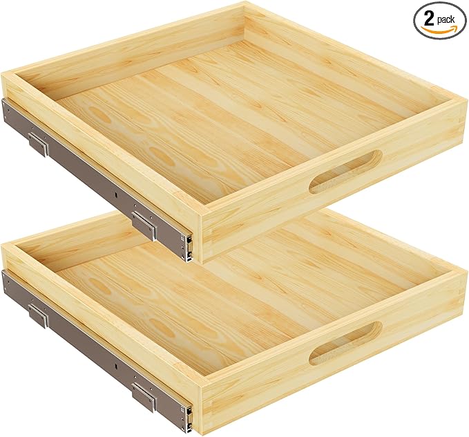 2 Set Pull Out Cabinet Organizer, Soft Close Slide Out Wood Drawer Storage Shelves for Kitchen, Base Cabinet Organization for Pantry, Finished, Heavy-Duty, Bottom Assembly (24” W x 21”