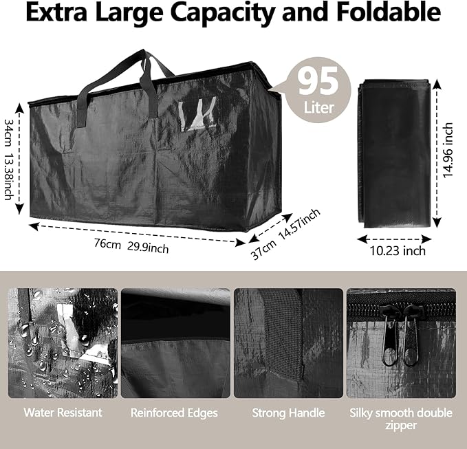 10 Pack Waterproof Moving Bags with Strong Zippers and Reinforced Handles, Real 100lb Capacity Extra Heavy Duty Large Storage Totes for Packing & Moving Storing, Alternative to Moving Boxes -95L,Black