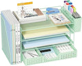 ECOLOVI Desk Organizer, 4-Tier Paper Organizer Letter Tray with File Holder, Drawer and 2 Pen Holders, Desktop File Organizer for Office Supplies, Workspace Storage, Green