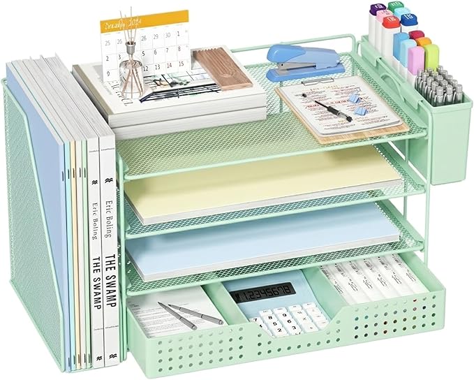 ECOLOVI Desk Organizer, 4-Tier Paper Organizer Letter Tray with File Holder, Drawer and 2 Pen Holders, Desktop File Organizer for Office Supplies, Workspace Storage, Green