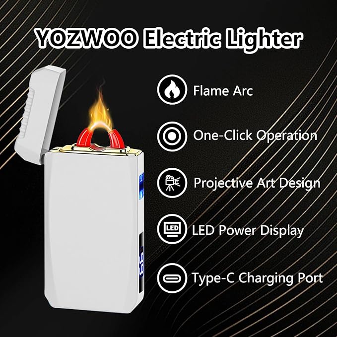 YOZWOO Rechargeable Electric Lighter USB C Electronic Lighters High Power Flame Arc Plasma Lighter Windproof Camping Lighters with Long Battery Life for Home and Outdoor (Luminous White)