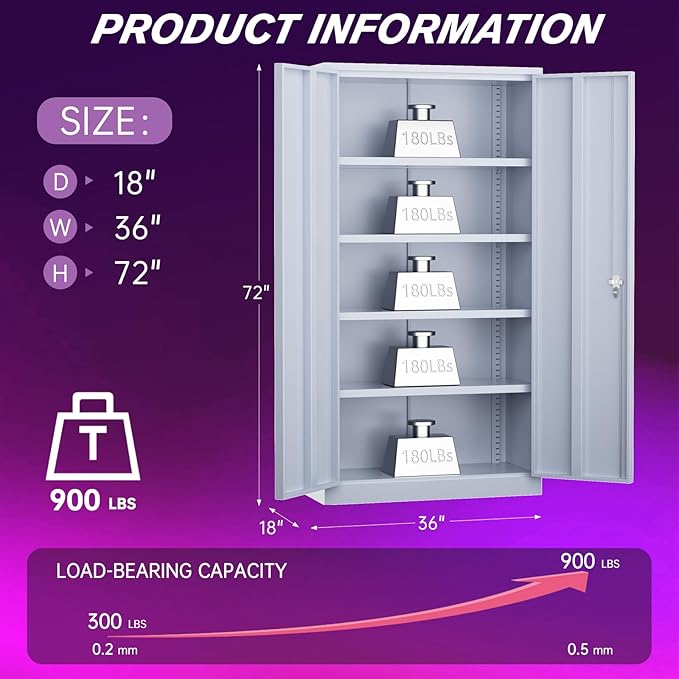Superday Metal Storage Cabinets, 72" Storage Cabinet with Locking Door, Tall Garage Cabinet with 2 Doors and 4 Adjustable Shelves for Home Office, Classroom, Easy Assemble(Grey)