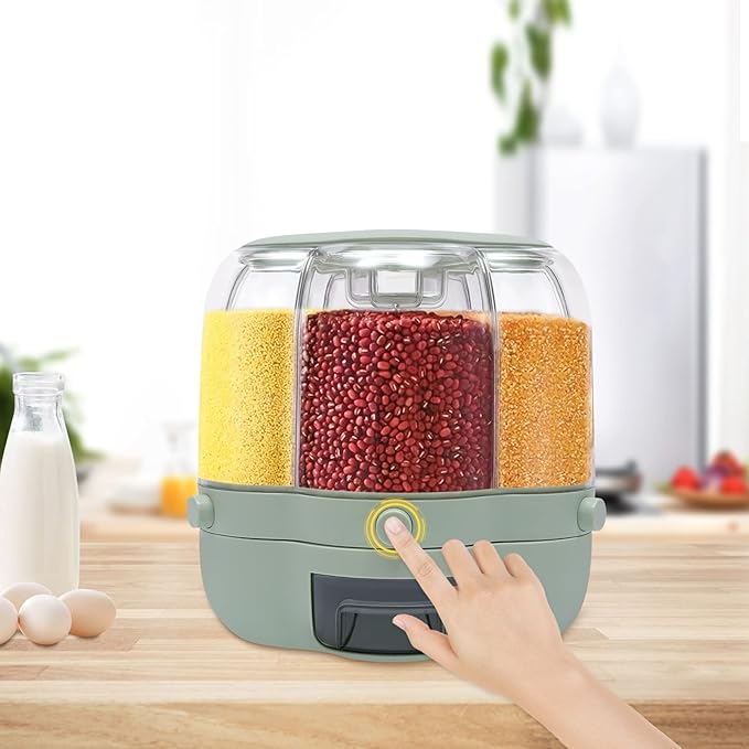 6 Grid Grain Storage Container 17.63Lbs Food Dispenser 360° Rotating Dry Grain and Rice Cereal Dispenser with Lid Rices Dispenser Rotating for Store Rice, Red Beans, Yellow Beans