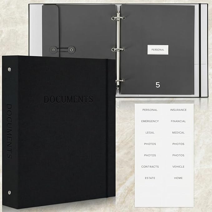 Sturdy Document Organizer Set with Folders - Beautiful Linen 3-Ring Binder Safely Stores All Important Documents & Files in One Place - Easy to Use Expanding Storage Incl. Envelopes, Pockets & Labels