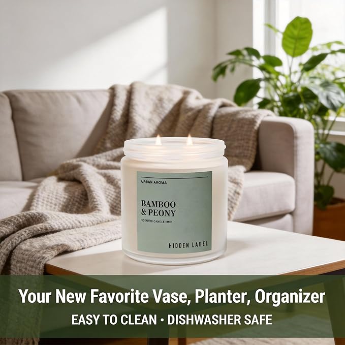 Bamboo & Peony Scented Candle,|12oz Natural Soy Candle, 70-Hour Clean Burning, Japandi Home Décor, Mindful Aromatherapy for Focus & Relaxation, Elegant Gift for Housewarming