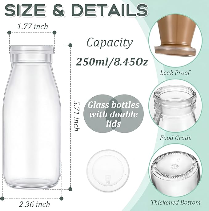 Zubebe 12 Pack 8 oz Glass Milk Bottles with 24 Lids - Reusable Overnight Oats Jars for Juice, Smoothies, Yogurt, Pudding and Jam Baby Shower Wedding Party Favors