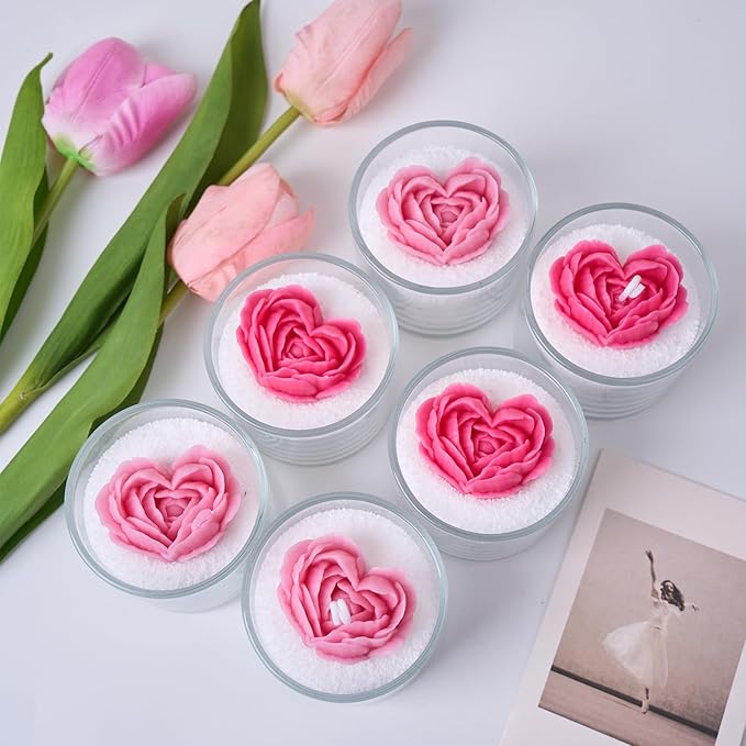 Heart Rose Silicone Molds Heart Candle Making Kit with Candle Wicks 3D Flower Silicone Molds for Candles DIY Handmade Soap Mould for Valentine's Day Gift