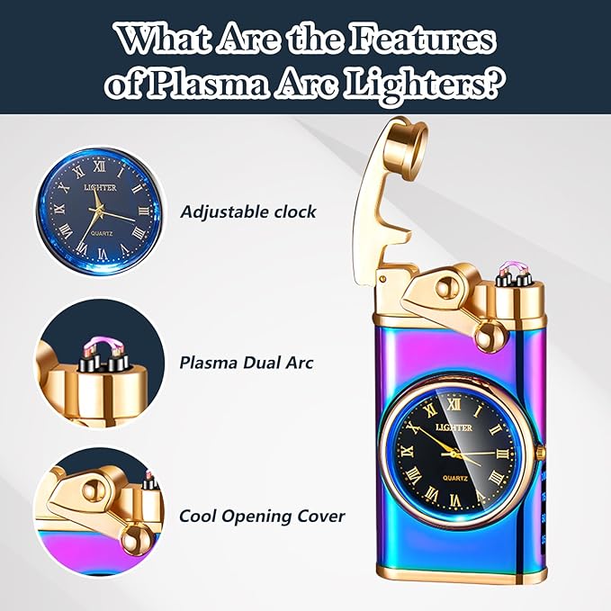 Electric Lighter USB Rechargeable Lighter, Windproof Dual Arc Plasma Lighters, Flameless Electronic Cool Lighters with LED Battery Indication for Men (Magic Clock)